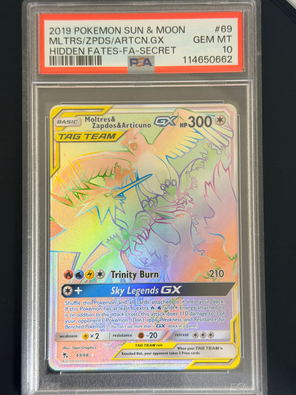 069 Moltres & Zapdos & Articuno GX Hidden Fates Rare Rainbow PSA 10