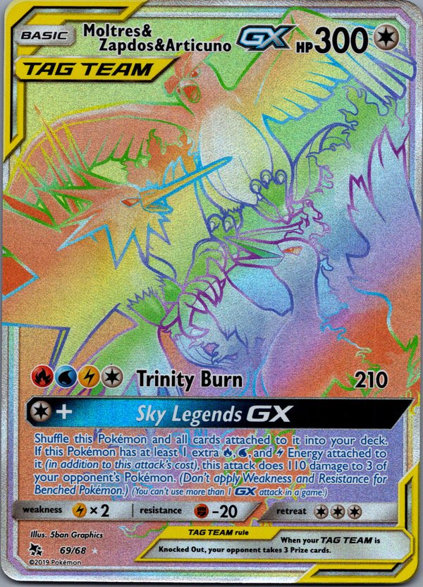 069 Moltres & Zapdos & Articuno GX Hidden Fates Rare Rainbow Lightly Played