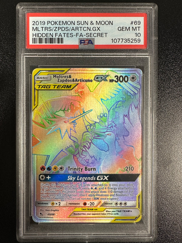 069 Moltres & Zapdos & Articuno-GX Hidden Fates Rare Rainbow PSA 10