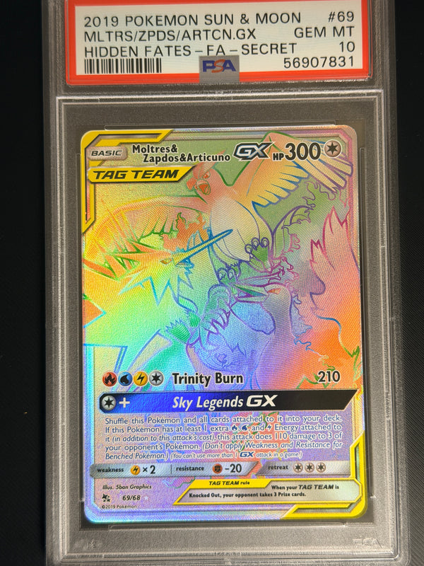 069 Moltres & Zapdos & Articuno GX Hidden Fates Rare Rainbow PSA 10